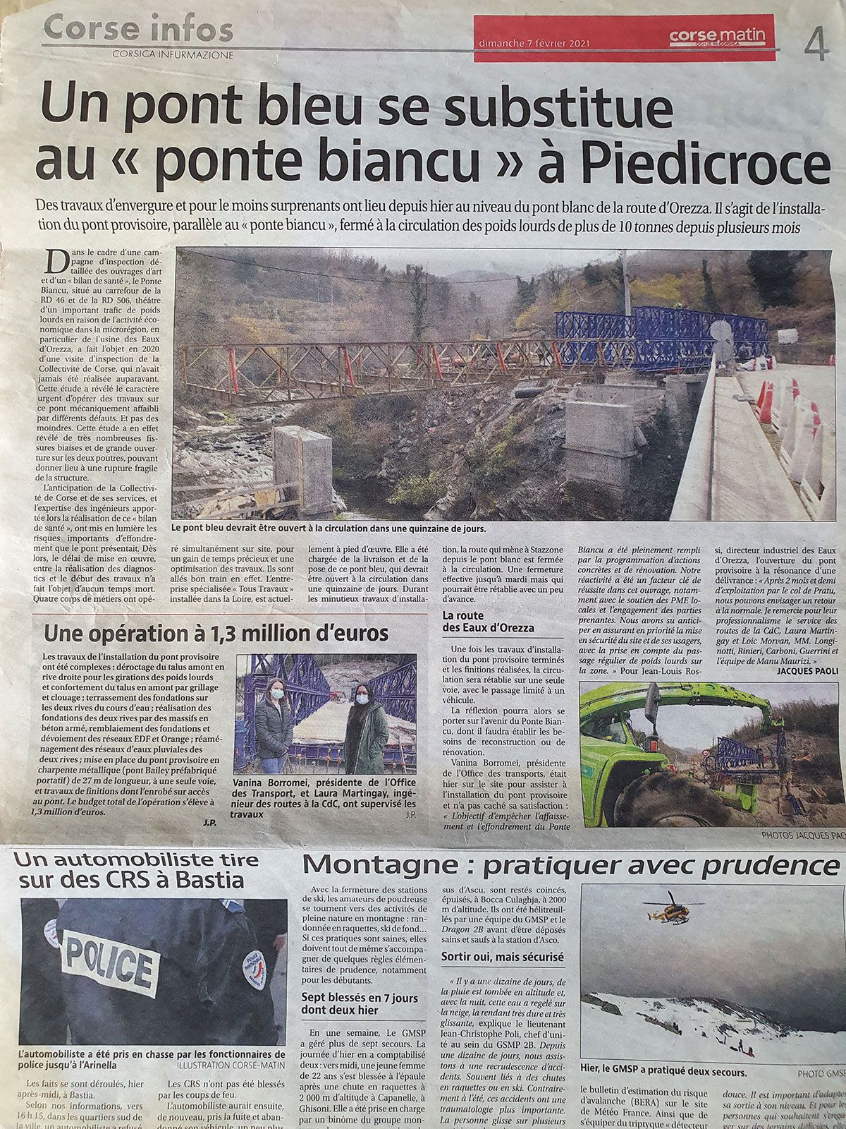 Un pont bleu se substitue au "ponte biancu" à Piedicroce - RD 506